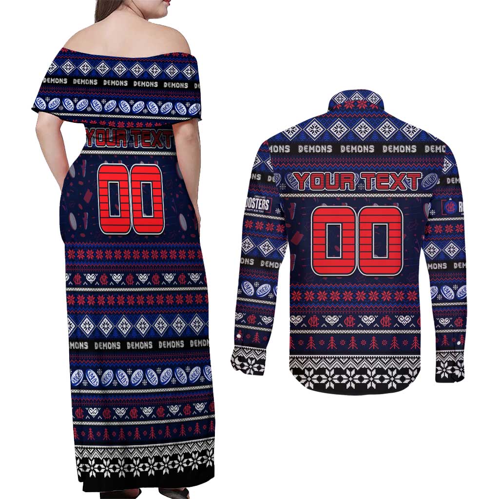 Personalized Demons Rugby Xmas Couples Matching Off Shoulder Maxi Dress and Long Sleeve Button Shirt Australia AFL Mascot