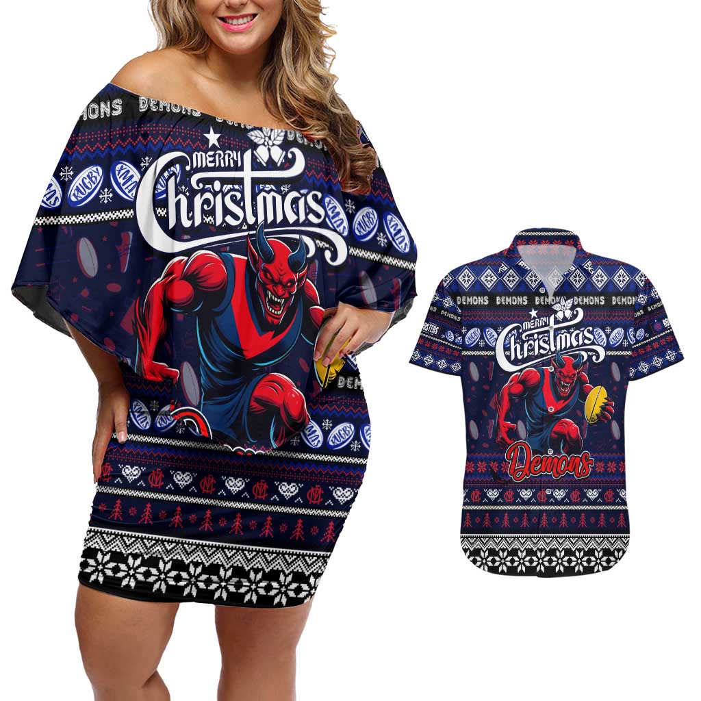 Personalized Demons Rugby Xmas Couples Matching Off Shoulder Short Dress and Hawaiian Shirt Australia AFL Mascot