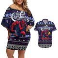 Personalized Demons Rugby Xmas Couples Matching Off Shoulder Short Dress and Hawaiian Shirt Australia AFL Mascot