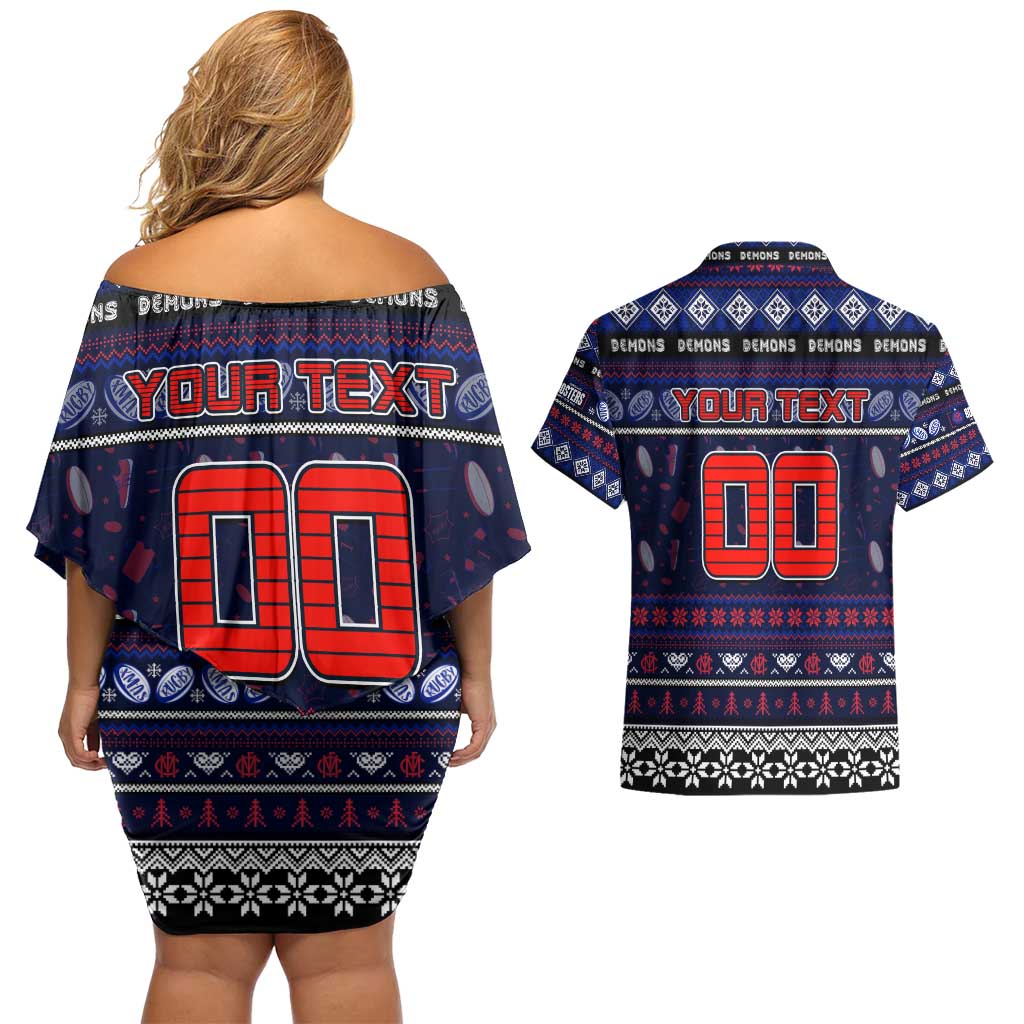 Personalized Demons Rugby Xmas Couples Matching Off Shoulder Short Dress and Hawaiian Shirt Australia AFL Mascot