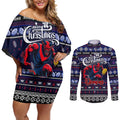 Personalized Demons Rugby Xmas Couples Matching Off Shoulder Short Dress and Long Sleeve Button Shirt Australia AFL Mascot