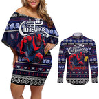 Personalized Demons Rugby Xmas Couples Matching Off Shoulder Short Dress and Long Sleeve Button Shirt Australia AFL Mascot