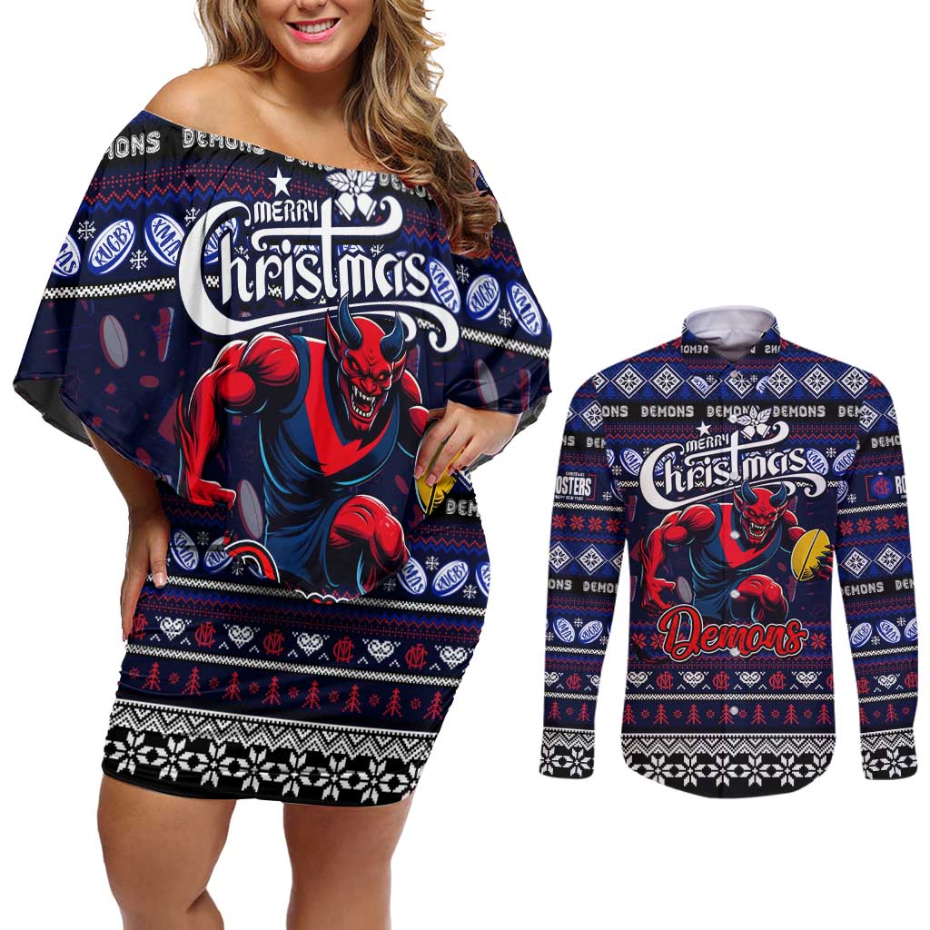 Personalized Demons Rugby Xmas Couples Matching Off Shoulder Short Dress and Long Sleeve Button Shirt Australia AFL Mascot