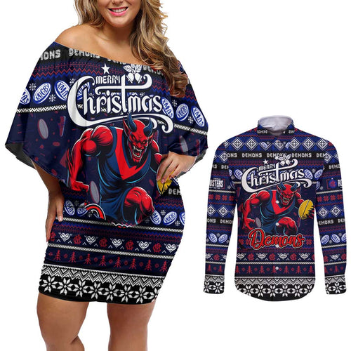 Personalized Demons Rugby Xmas Couples Matching Off Shoulder Short Dress and Long Sleeve Button Shirt Australia AFL Mascot
