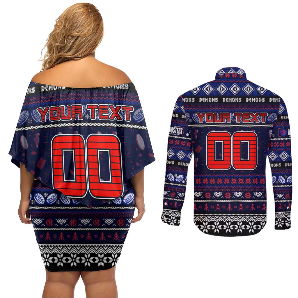 Personalized Demons Rugby Xmas Couples Matching Off Shoulder Short Dress and Long Sleeve Button Shirt Australia AFL Mascot