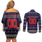 Personalized Demons Rugby Xmas Couples Matching Off Shoulder Short Dress and Long Sleeve Button Shirt Australia AFL Mascot