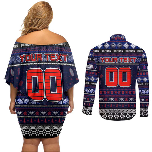 Personalized Demons Rugby Xmas Couples Matching Off Shoulder Short Dress and Long Sleeve Button Shirt Australia AFL Mascot
