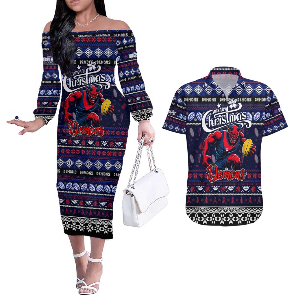 Personalized Demons Rugby Xmas Couples Matching Off The Shoulder Long Sleeve Dress and Hawaiian Shirt Australia AFL Mascot