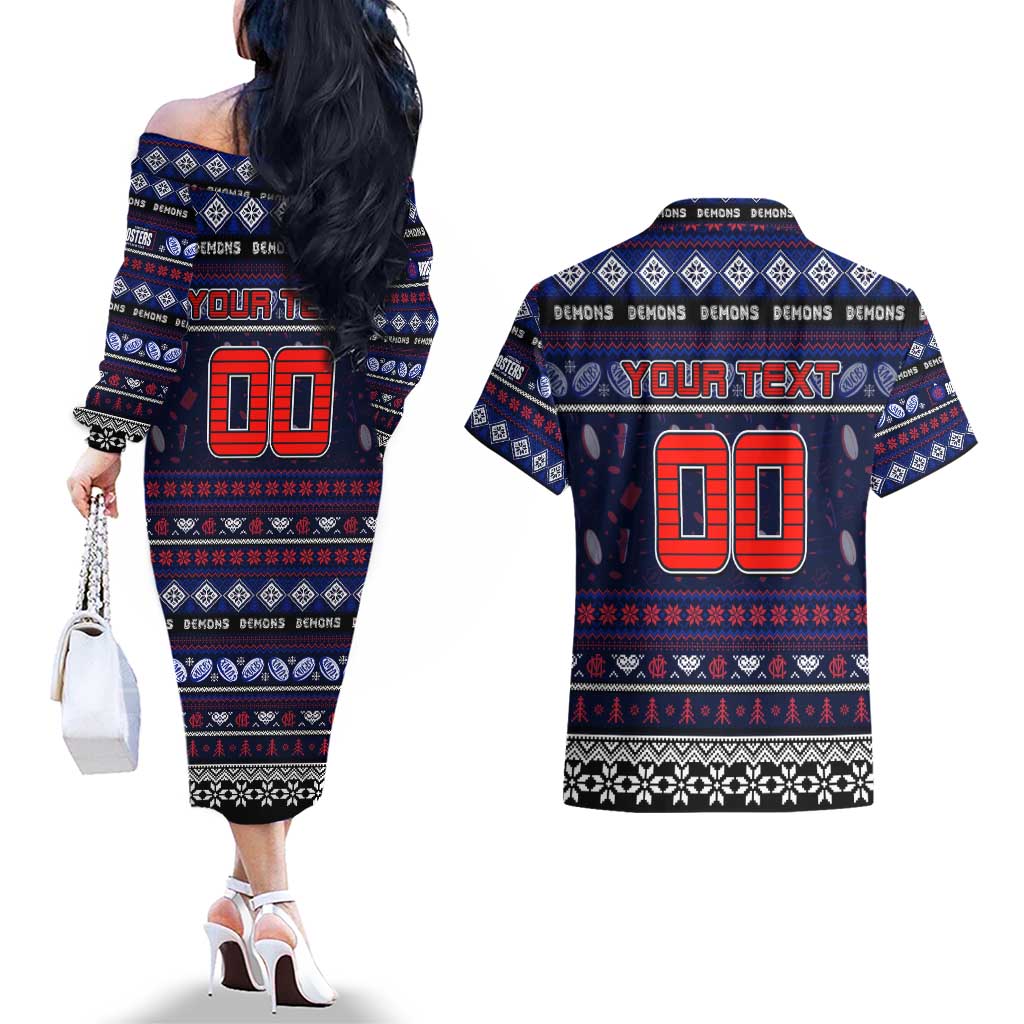 Personalized Demons Rugby Xmas Couples Matching Off The Shoulder Long Sleeve Dress and Hawaiian Shirt Australia AFL Mascot