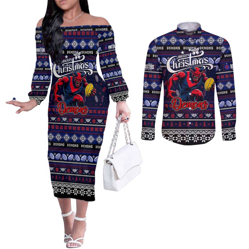 Personalized Demons Rugby Xmas Couples Matching Off The Shoulder Long Sleeve Dress and Long Sleeve Button Shirt Australia AFL Mascot