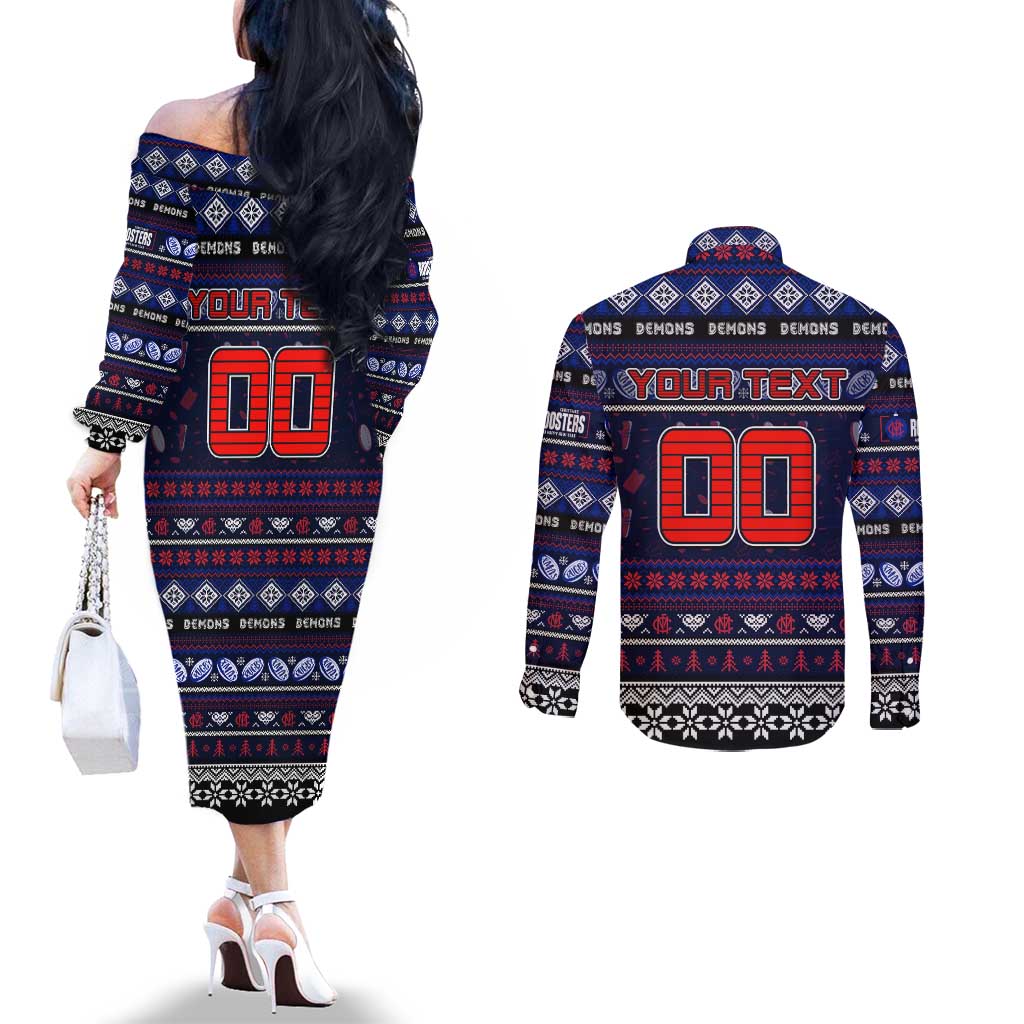 Personalized Demons Rugby Xmas Couples Matching Off The Shoulder Long Sleeve Dress and Long Sleeve Button Shirt Australia AFL Mascot