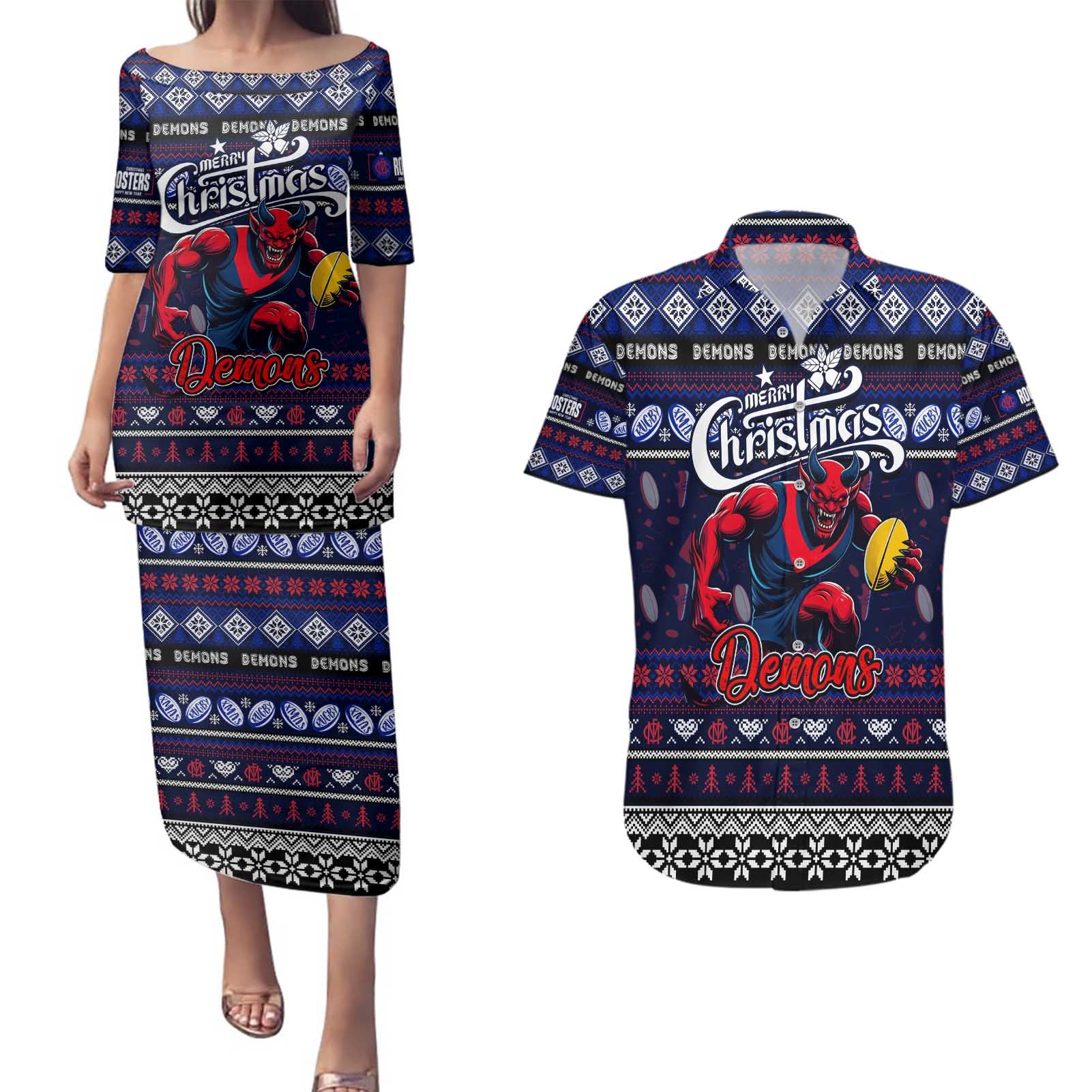 Personalized Demons Rugby Xmas Couples Matching Puletasi and Hawaiian Shirt Australia AFL Mascot