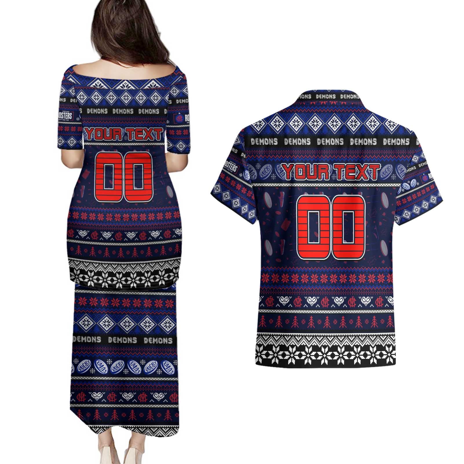 Personalized Demons Rugby Xmas Couples Matching Puletasi and Hawaiian Shirt Australia AFL Mascot