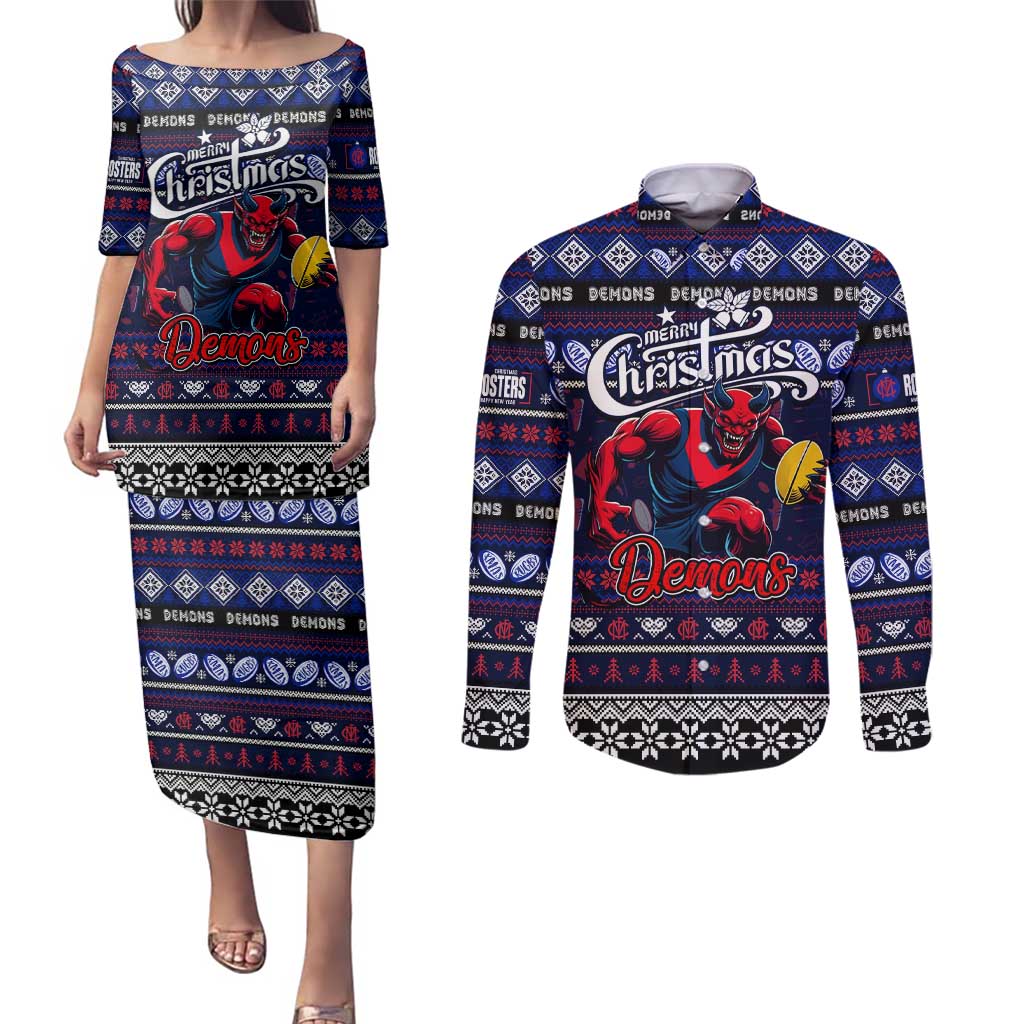 Personalized Demons Rugby Xmas Couples Matching Puletasi and Long Sleeve Button Shirt Australia AFL Mascot