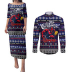Personalized Demons Rugby Xmas Couples Matching Puletasi and Long Sleeve Button Shirt Australia AFL Mascot