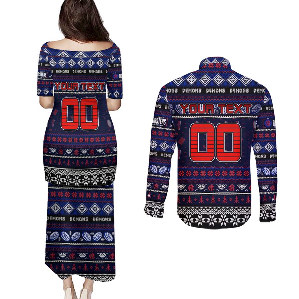 Personalized Demons Rugby Xmas Couples Matching Puletasi and Long Sleeve Button Shirt Australia AFL Mascot