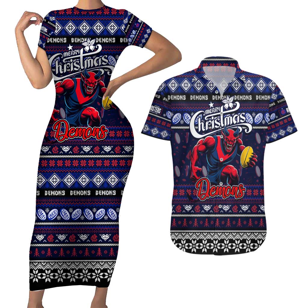 Personalized Demons Rugby Xmas Couples Matching Short Sleeve Bodycon Dress and Hawaiian Shirt Australia AFL Mascot