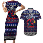 Personalized Demons Rugby Xmas Couples Matching Short Sleeve Bodycon Dress and Hawaiian Shirt Australia AFL Mascot