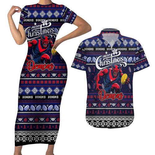 Personalized Demons Rugby Xmas Couples Matching Short Sleeve Bodycon Dress and Hawaiian Shirt Australia AFL Mascot