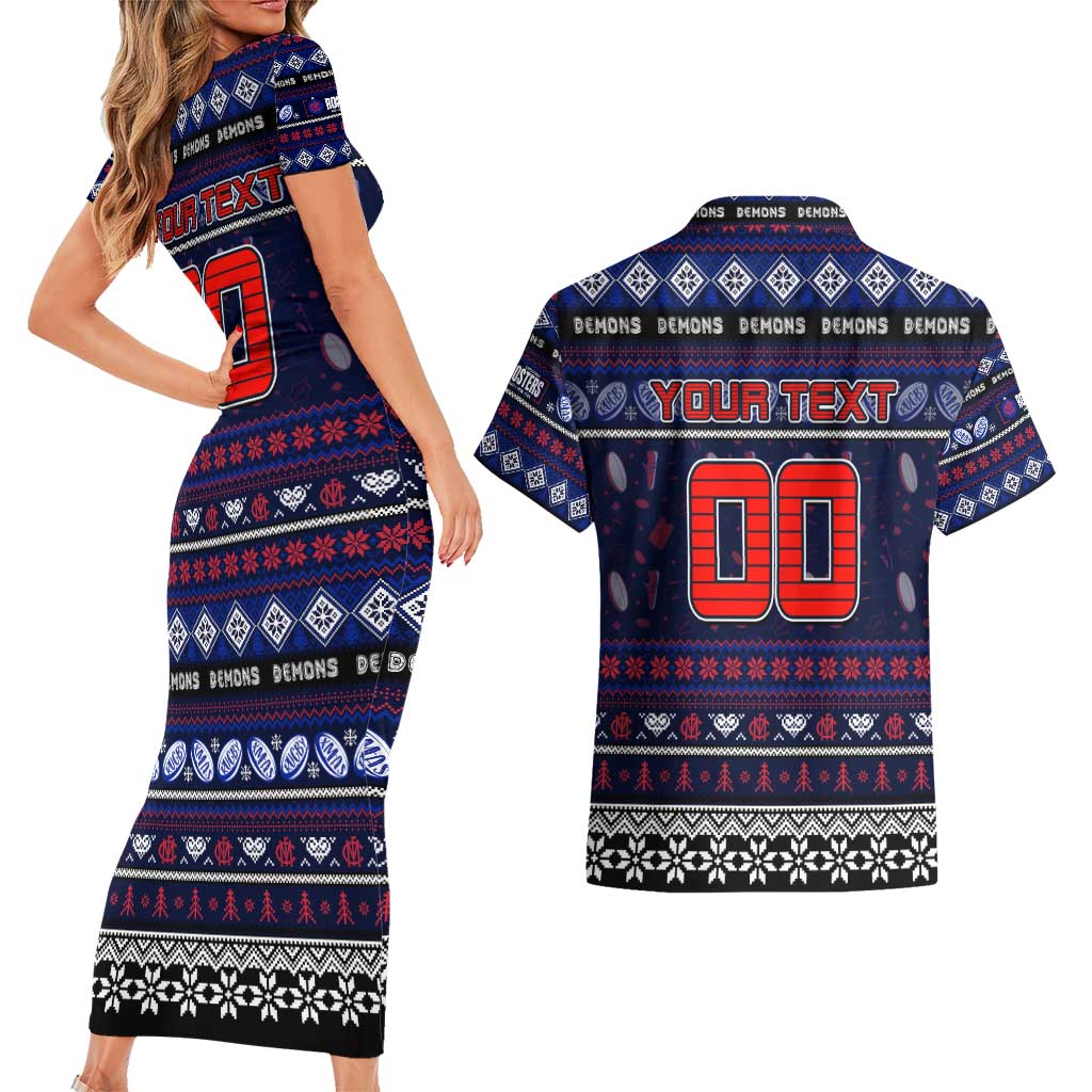 Personalized Demons Rugby Xmas Couples Matching Short Sleeve Bodycon Dress and Hawaiian Shirt Australia AFL Mascot