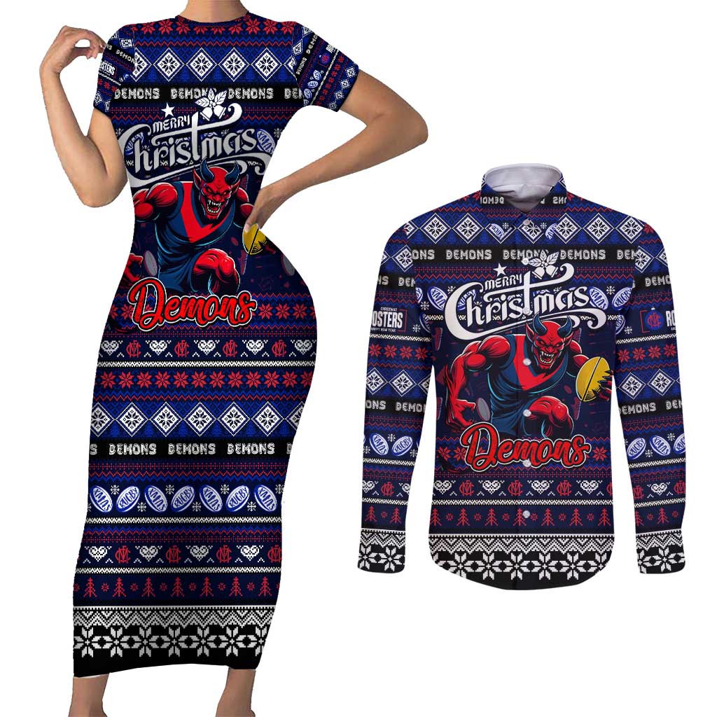 Personalized Demons Rugby Xmas Couples Matching Short Sleeve Bodycon Dress and Long Sleeve Button Shirt Australia AFL Mascot