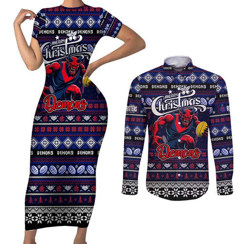 Personalized Demons Rugby Xmas Couples Matching Short Sleeve Bodycon Dress and Long Sleeve Button Shirt Australia AFL Mascot