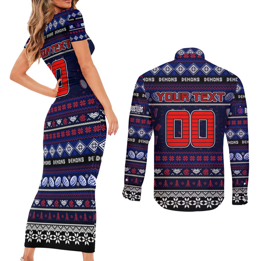 Personalized Demons Rugby Xmas Couples Matching Short Sleeve Bodycon Dress and Long Sleeve Button Shirt Australia AFL Mascot