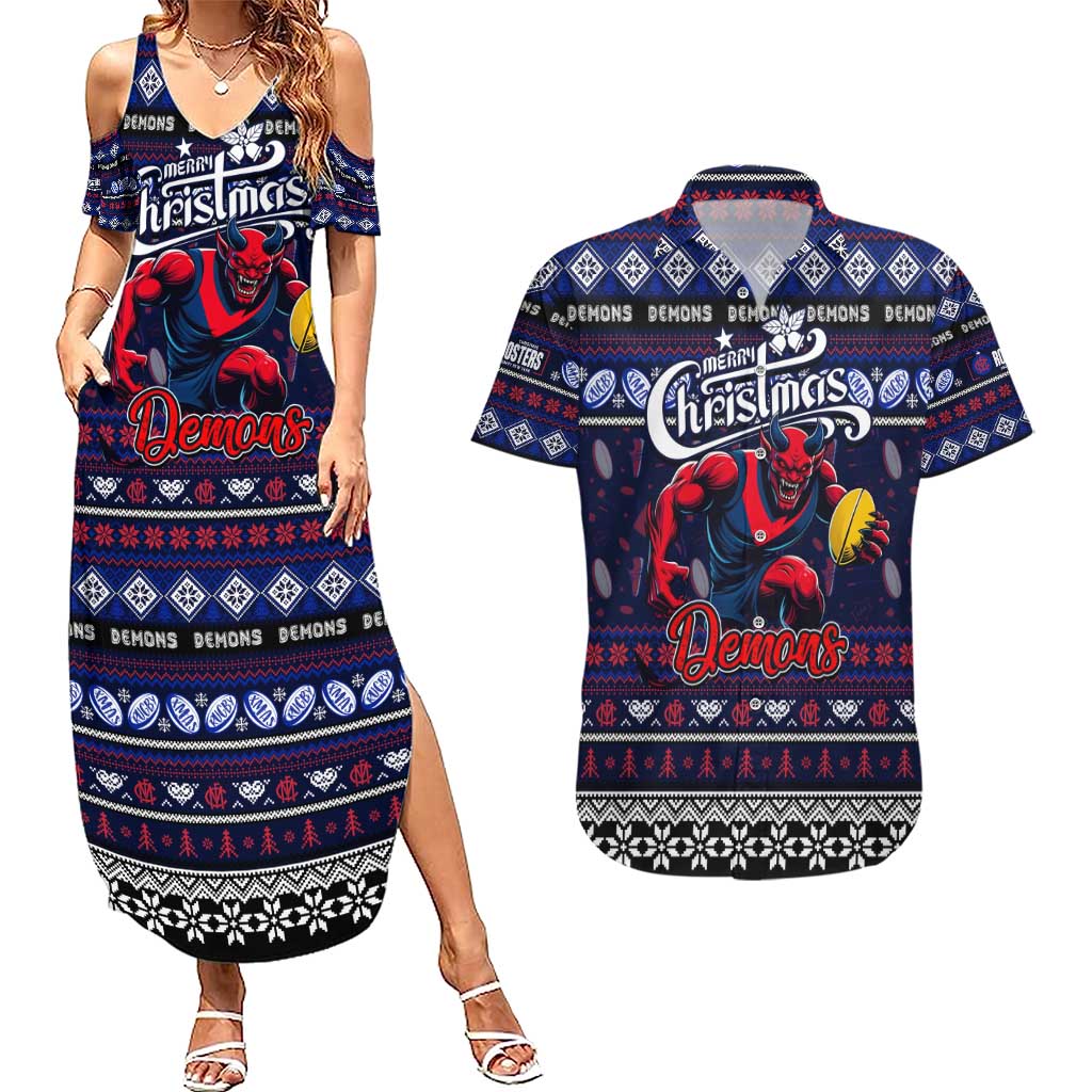 Personalized Demons Rugby Xmas Couples Matching Summer Maxi Dress and Hawaiian Shirt Australia AFL Mascot