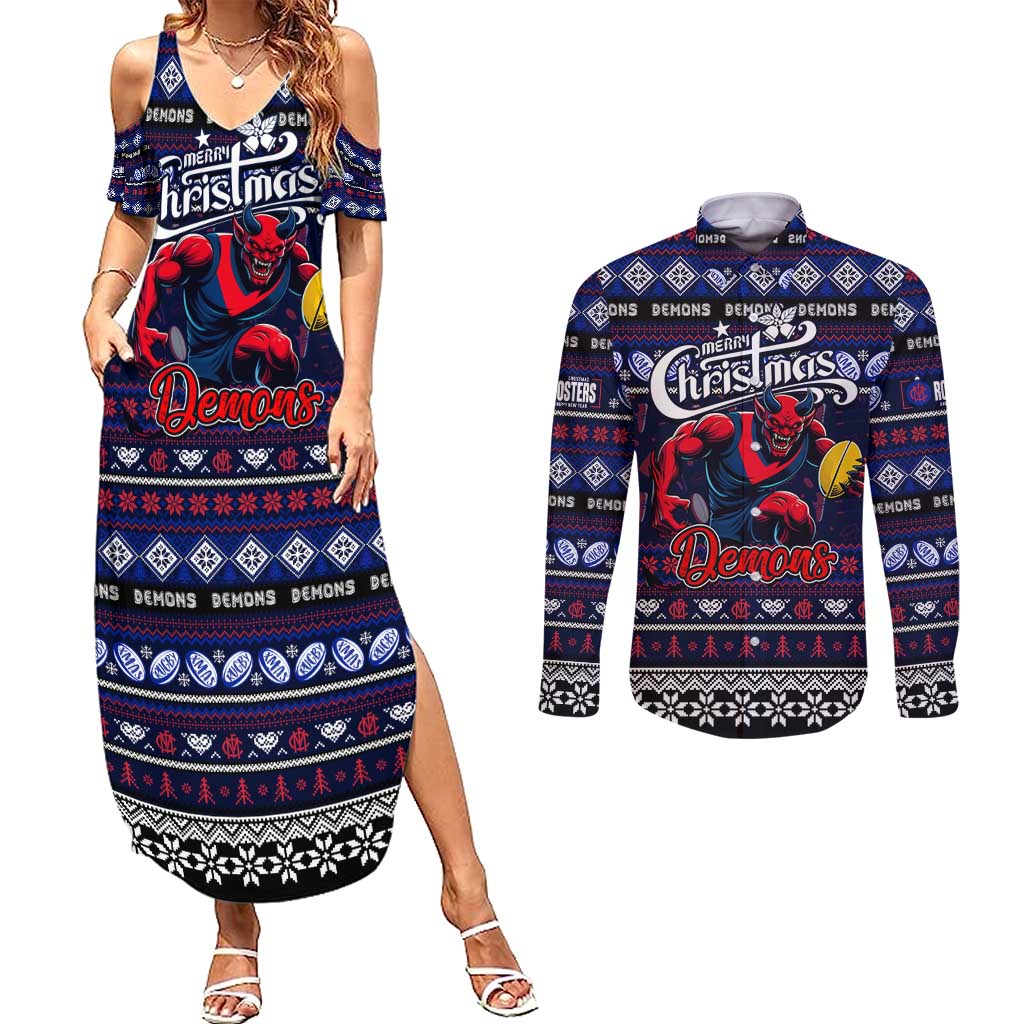 Personalized Demons Rugby Xmas Couples Matching Summer Maxi Dress and Long Sleeve Button Shirt Australia AFL Mascot