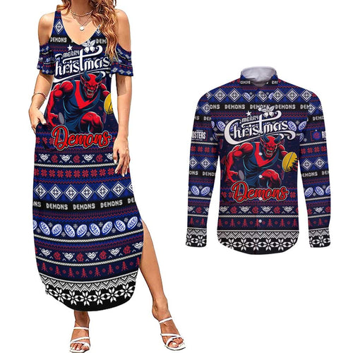Personalized Demons Rugby Xmas Couples Matching Summer Maxi Dress and Long Sleeve Button Shirt Australia AFL Mascot