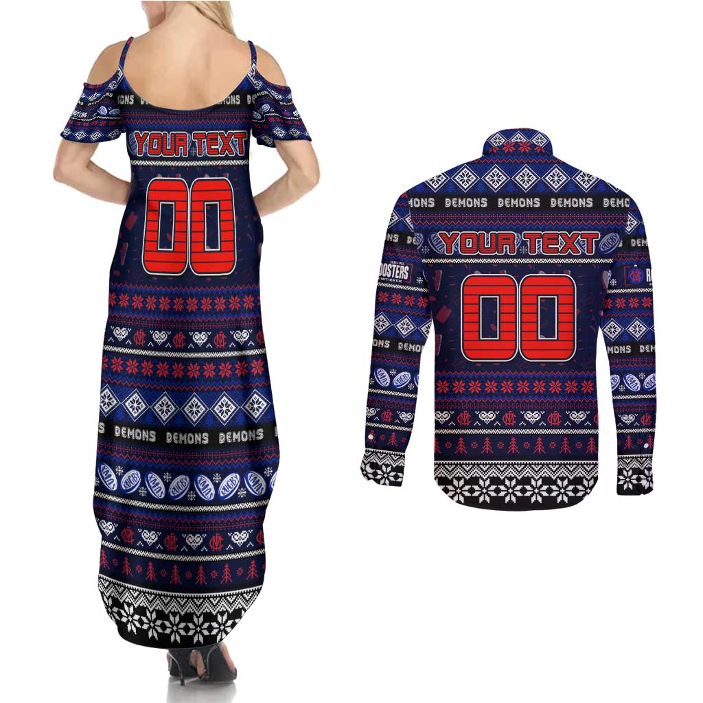 Personalized Demons Rugby Xmas Couples Matching Summer Maxi Dress and Long Sleeve Button Shirt Australia AFL Mascot