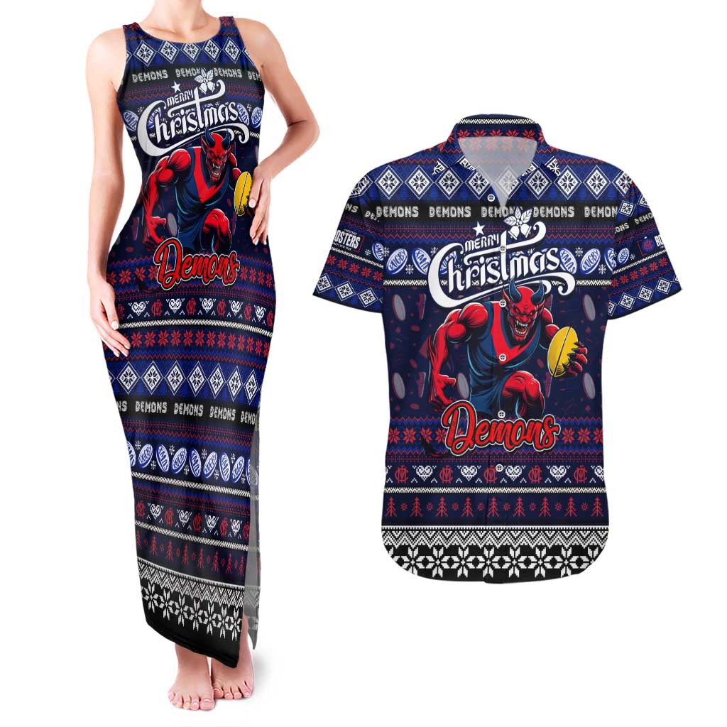 Personalized Demons Rugby Xmas Couples Matching Tank Maxi Dress and Hawaiian Shirt Australia AFL Mascot