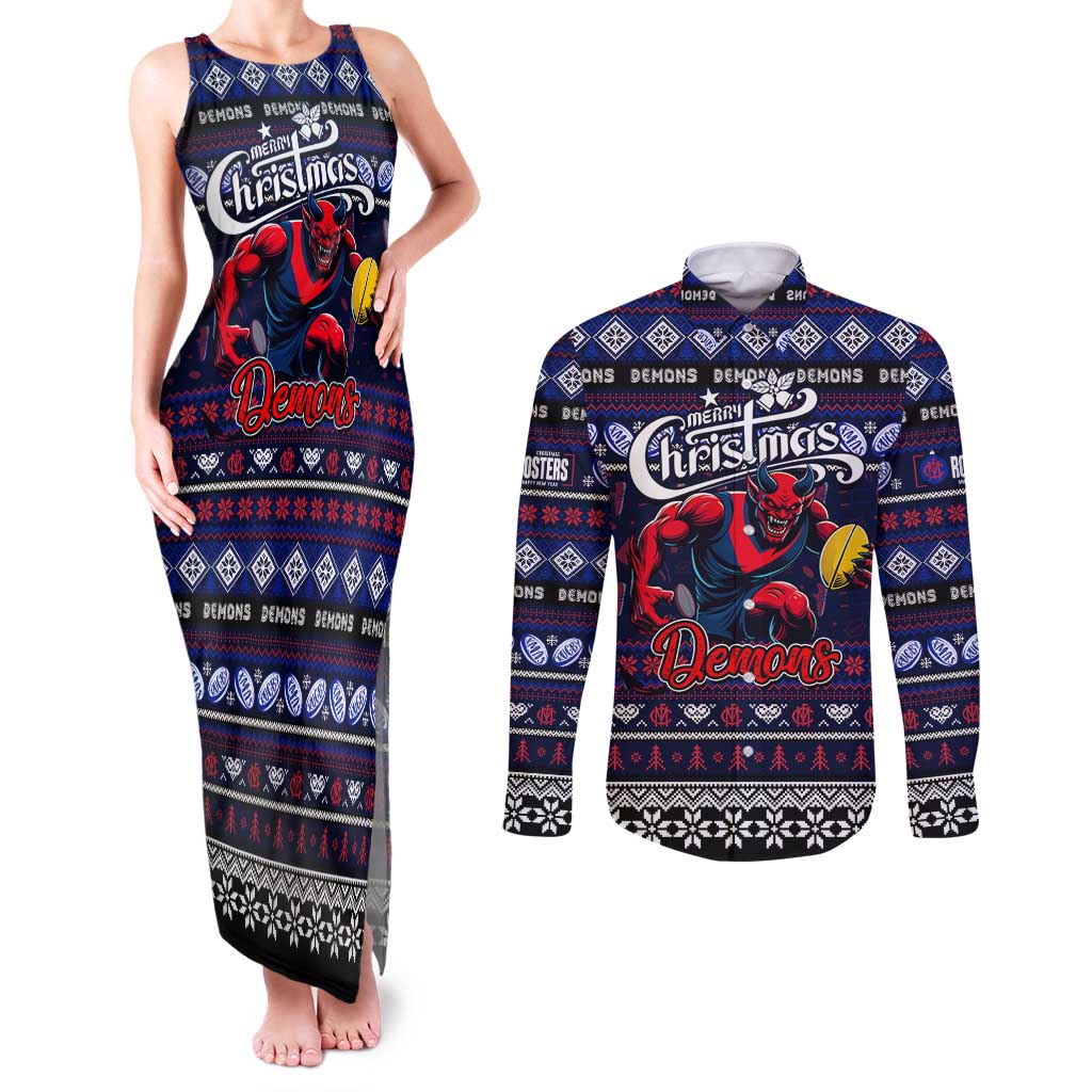 Personalized Demons Rugby Xmas Couples Matching Tank Maxi Dress and Long Sleeve Button Shirt Australia AFL Mascot