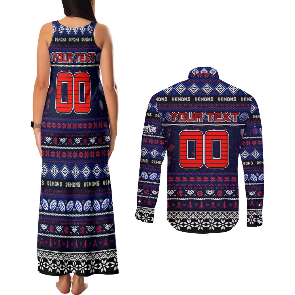 Personalized Demons Rugby Xmas Couples Matching Tank Maxi Dress and Long Sleeve Button Shirt Australia AFL Mascot