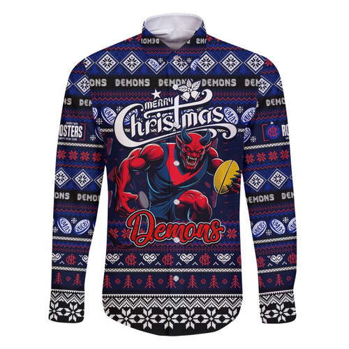 Personalized Demons Rugby Xmas Family Matching Long Sleeve Bodycon Dress and Hawaiian Shirt Australia AFL Mascot