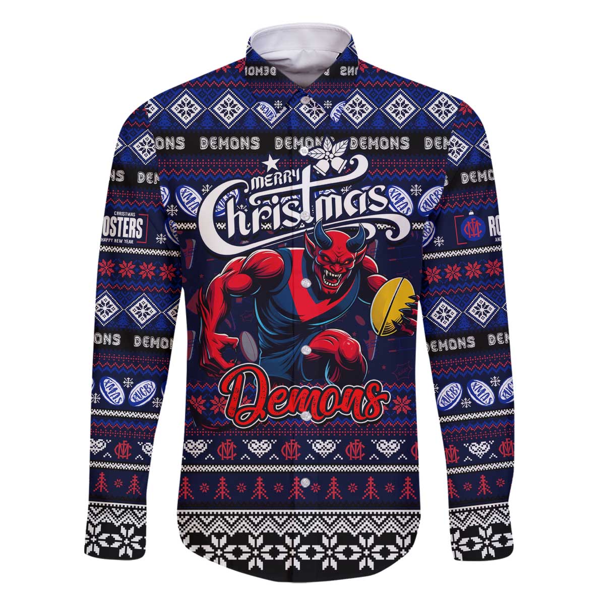 Personalized Demons Rugby Xmas Family Matching Off The Shoulder Long Sleeve Dress and Hawaiian Shirt Australia AFL Mascot