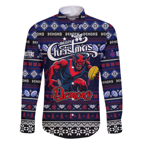 Personalized Demons Rugby Xmas Family Matching Off The Shoulder Long Sleeve Dress and Hawaiian Shirt Australia AFL Mascot