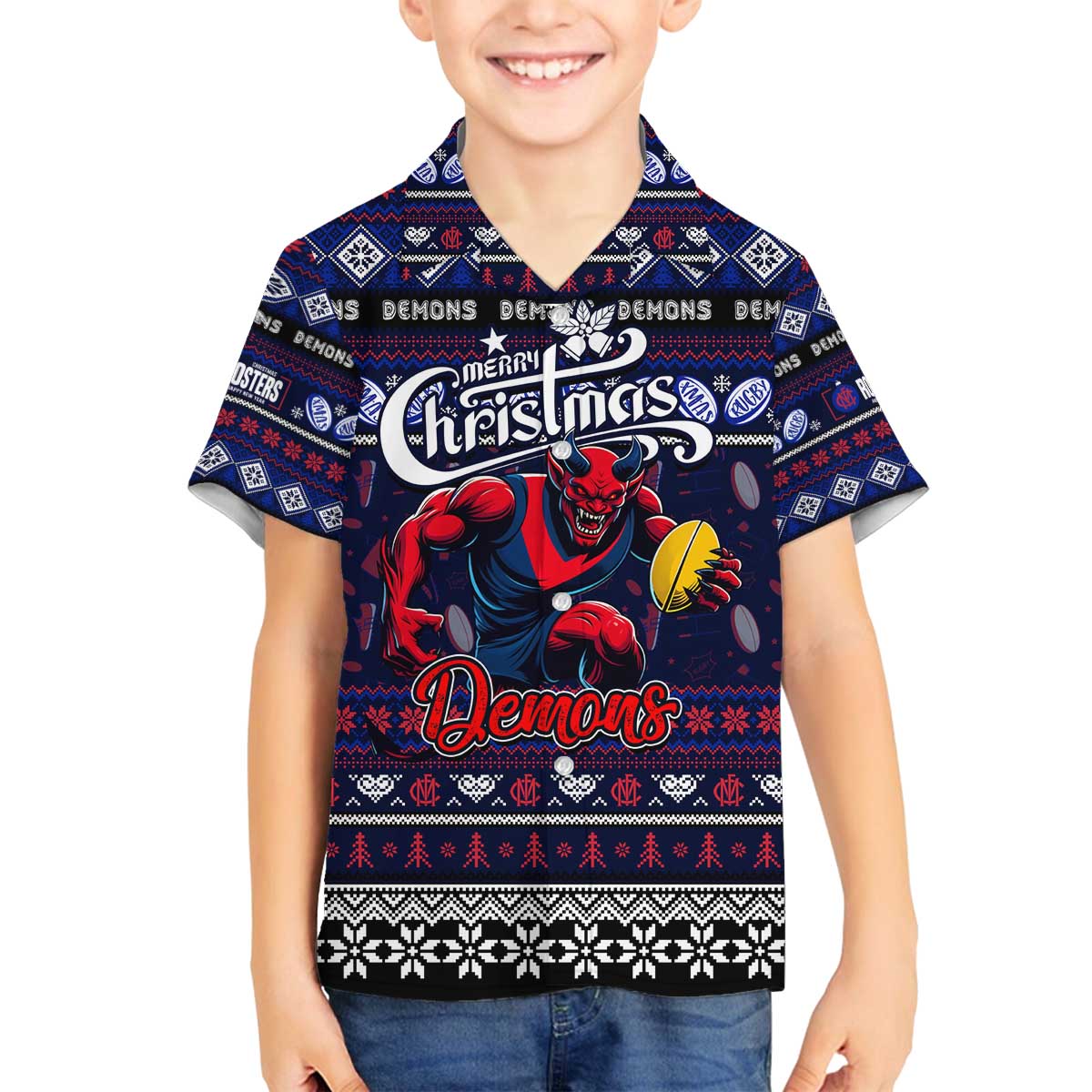 Personalized Demons Rugby Xmas Family Matching Off The Shoulder Long Sleeve Dress and Hawaiian Shirt Australia AFL Mascot