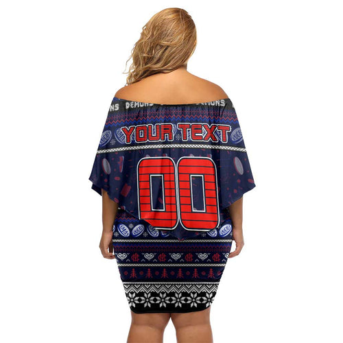 Personalized Demons Rugby Xmas Family Matching Off Shoulder Short Dress and Hawaiian Shirt Australia AFL Mascot