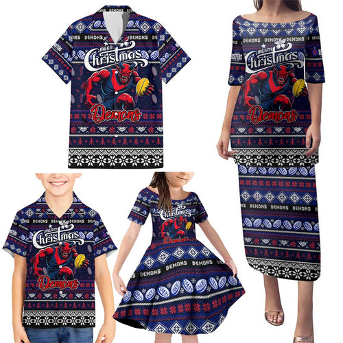Personalized Demons Rugby Xmas Family Matching Puletasi and Hawaiian Shirt Australia AFL Mascot