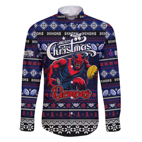 Personalized Demons Rugby Xmas Family Matching Short Sleeve Bodycon Dress and Hawaiian Shirt Australia AFL Mascot