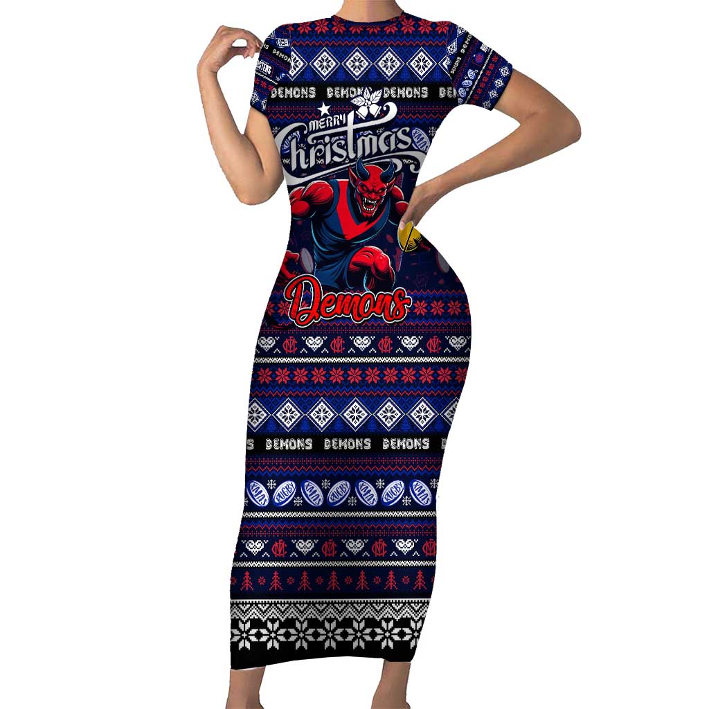 Personalized Demons Rugby Xmas Family Matching Short Sleeve Bodycon Dress and Hawaiian Shirt Australia AFL Mascot