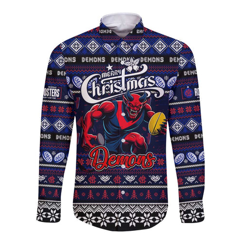 Personalized Demons Rugby Xmas Long Sleeve Button Shirt Australia AFL Mascot