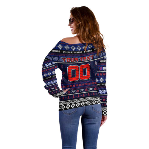 Personalized Demons Rugby Xmas Off Shoulder Sweater Australia AFL Mascot