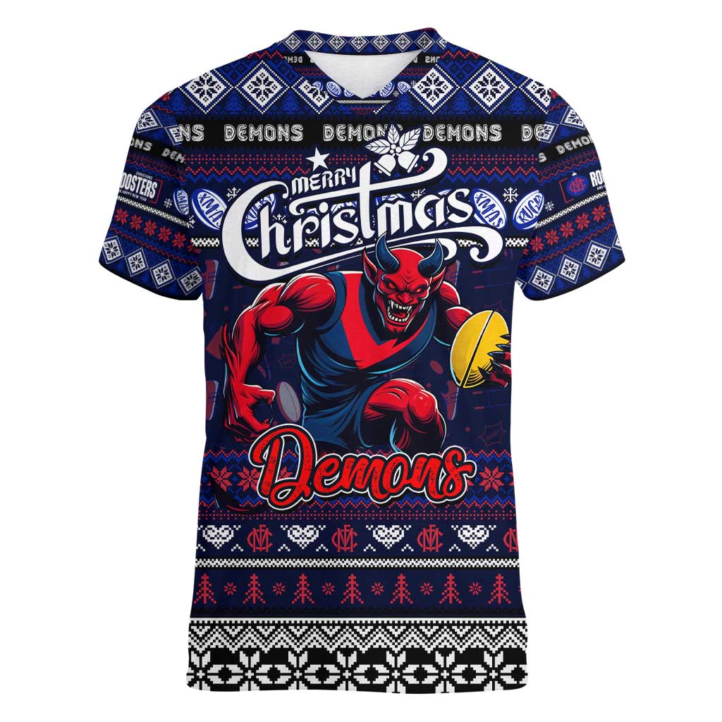 Personalized Demons Rugby Xmas Women V-Neck T-Shirt Australia AFL Mascot