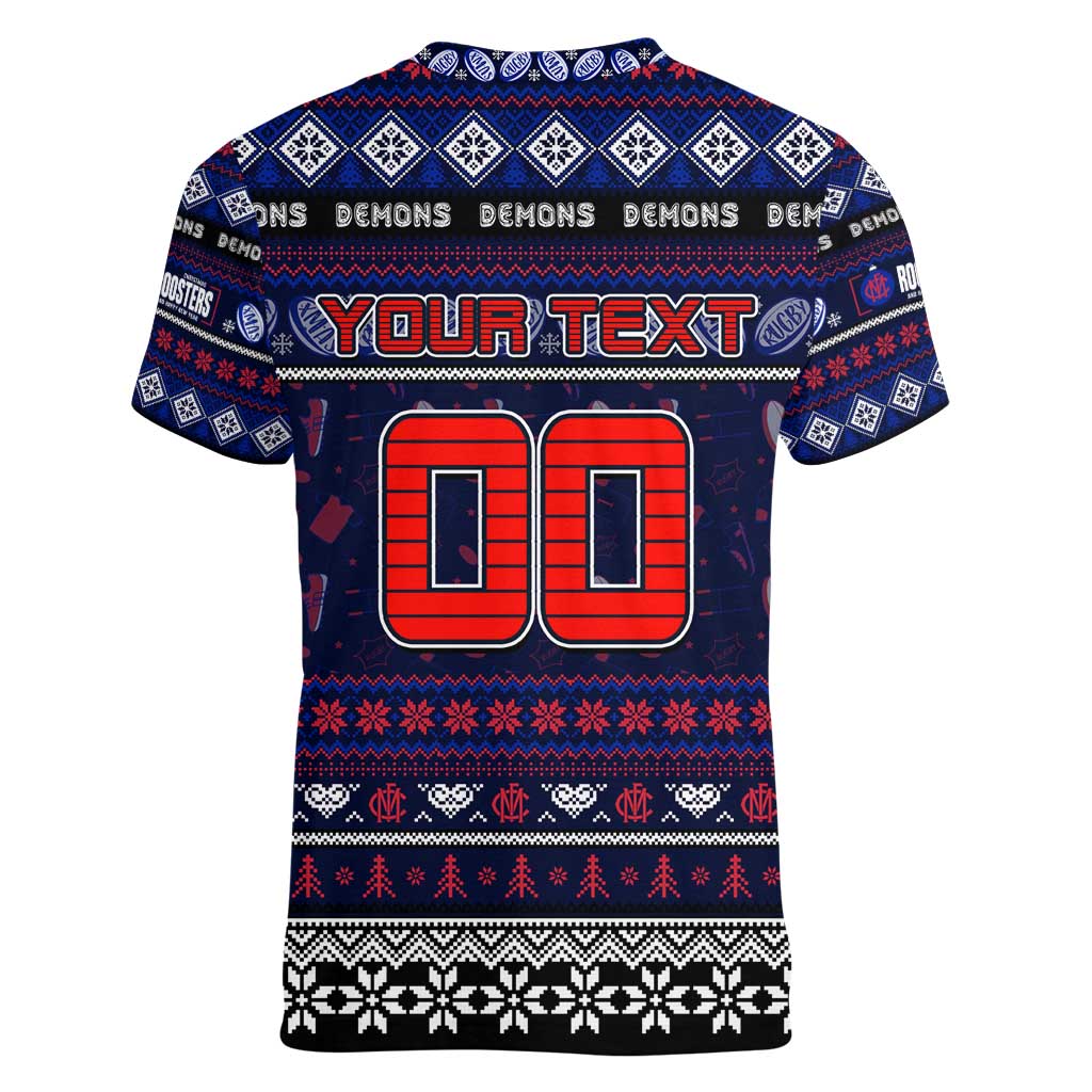 Personalized Demons Rugby Xmas Women V-Neck T-Shirt Australia AFL Mascot