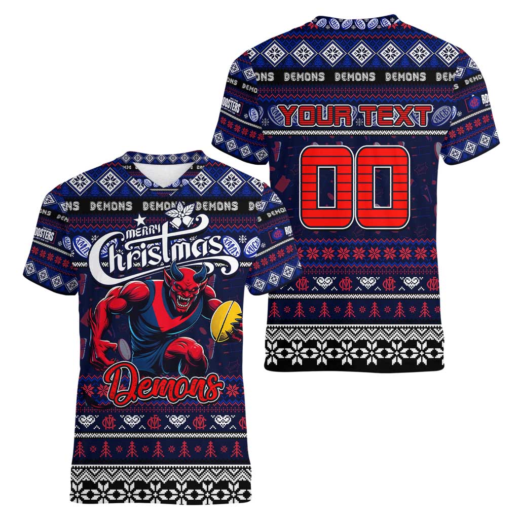 Personalized Demons Rugby Xmas Women V-Neck T-Shirt Australia AFL Mascot