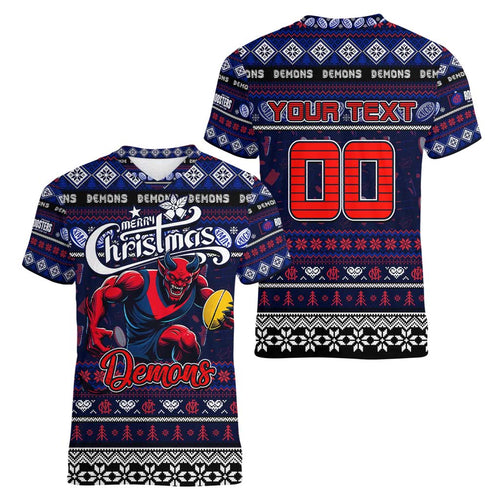 Personalized Demons Rugby Xmas Women V-Neck T-Shirt Australia AFL Mascot