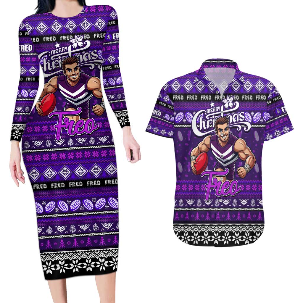 Personalized Freo Rugby Xmas Couples Matching Long Sleeve Bodycon Dress and Hawaiian Shirt Australia AFL Mascot