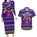 Personalized Freo Rugby Xmas Couples Matching Long Sleeve Bodycon Dress and Hawaiian Shirt Australia AFL Mascot